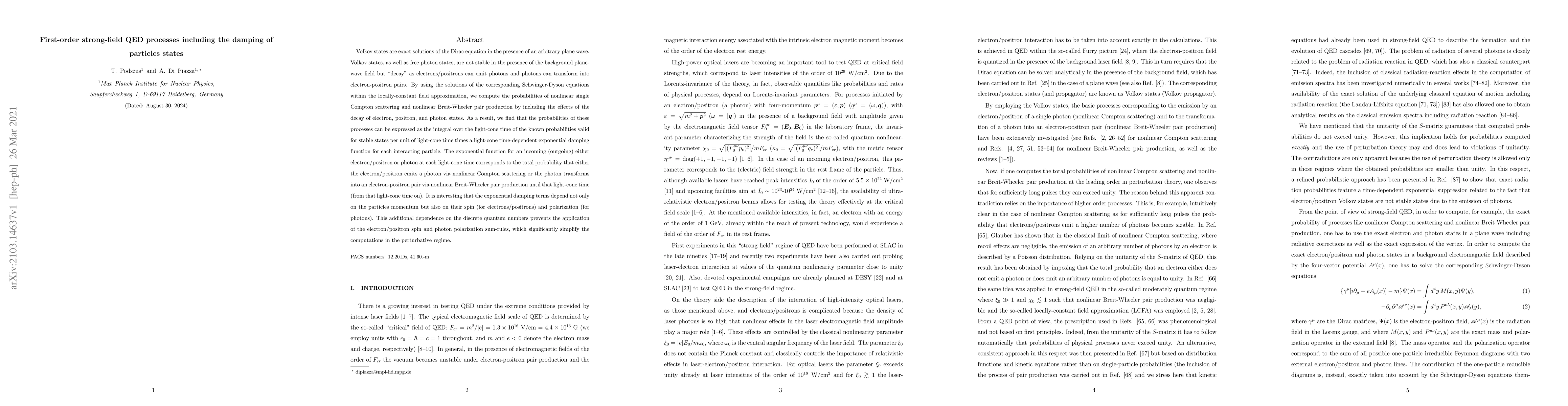 Thumbnail for First-order strong-field QED processes including the damping of
  particles states