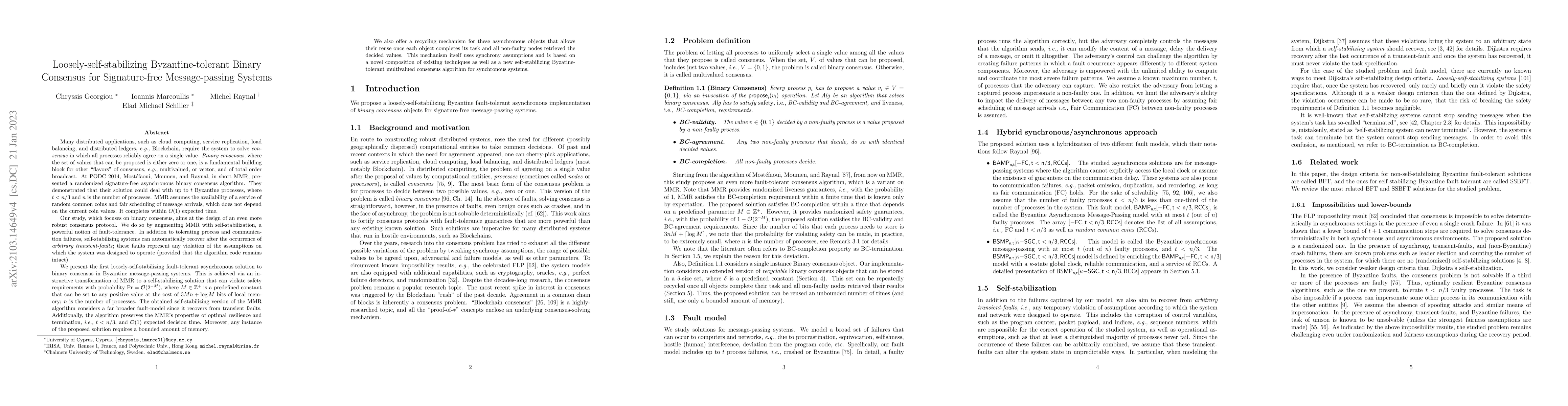 Thumbnail for Loosely-self-stabilizing Byzantine-tolerant Binary Consensus for
  Signature-free Message-passing Systems