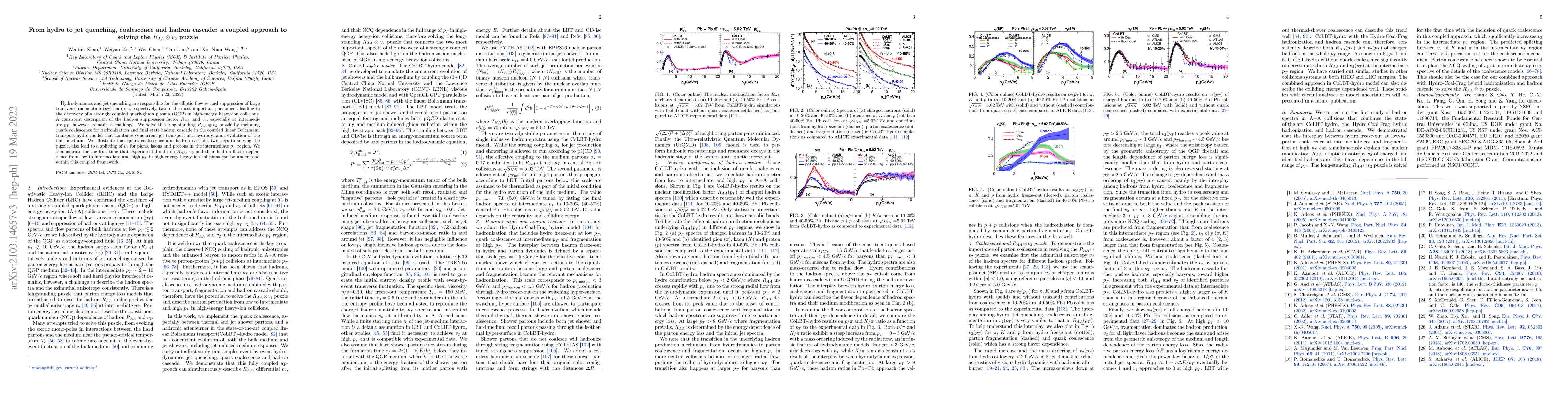 Thumbnail for From hydro to jet quenching, coalescence and hadron cascade: a coupled
  approach to solving the $R_{AA}\otimes v_2$ puzzle