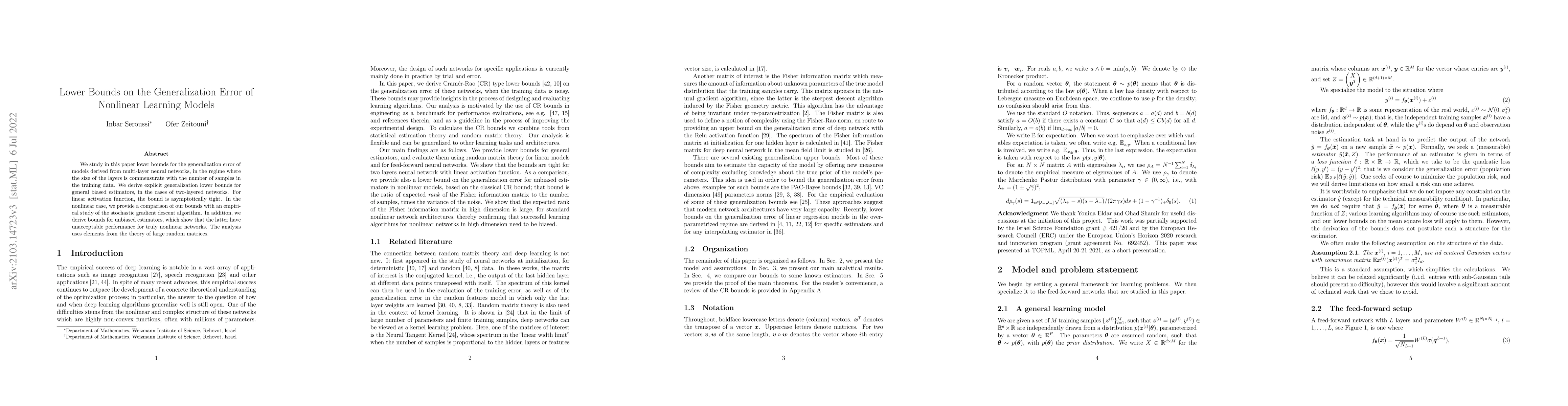 Thumbnail for Lower Bounds on the Generalization Error of Nonlinear Learning Models