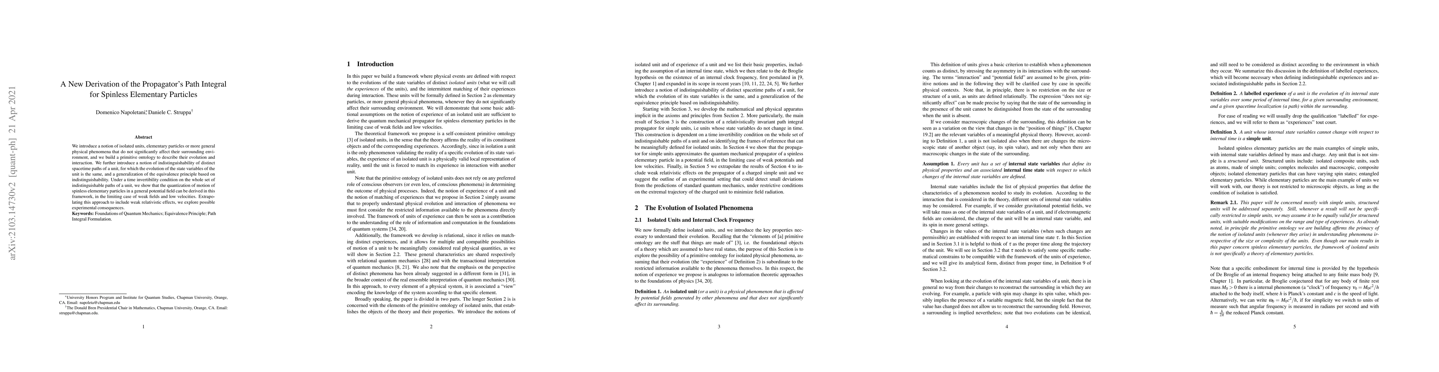 Thumbnail for A New Derivation of the Propagator's Path Integral for Spinless
  Elementary Particles