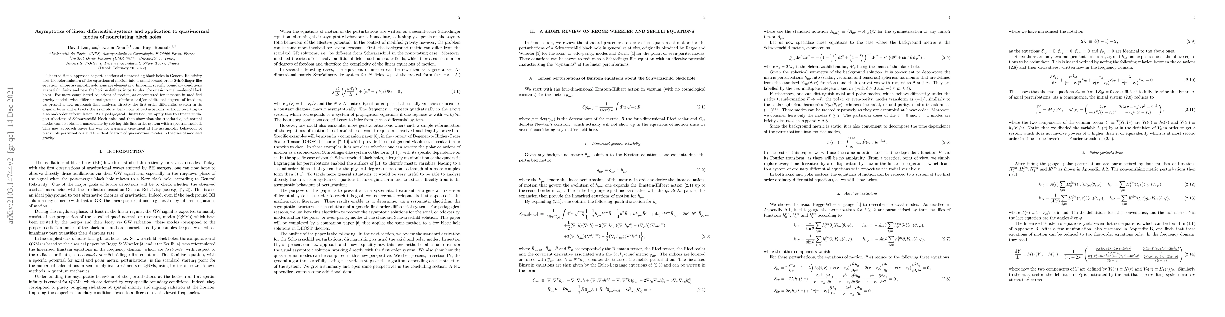 Thumbnail for Asymptotics of linear differential systems and application to
  quasi-normal modes of nonrotating black holes