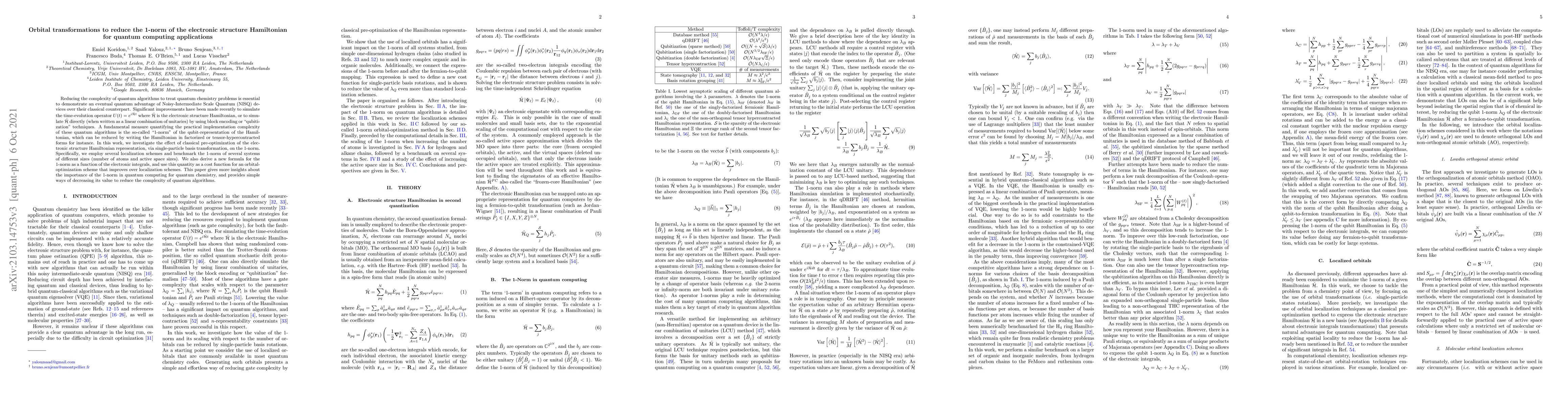 Thumbnail for Orbital transformations to reduce the 1-norm of the electronic structure
  Hamiltonian for quantum computing applications