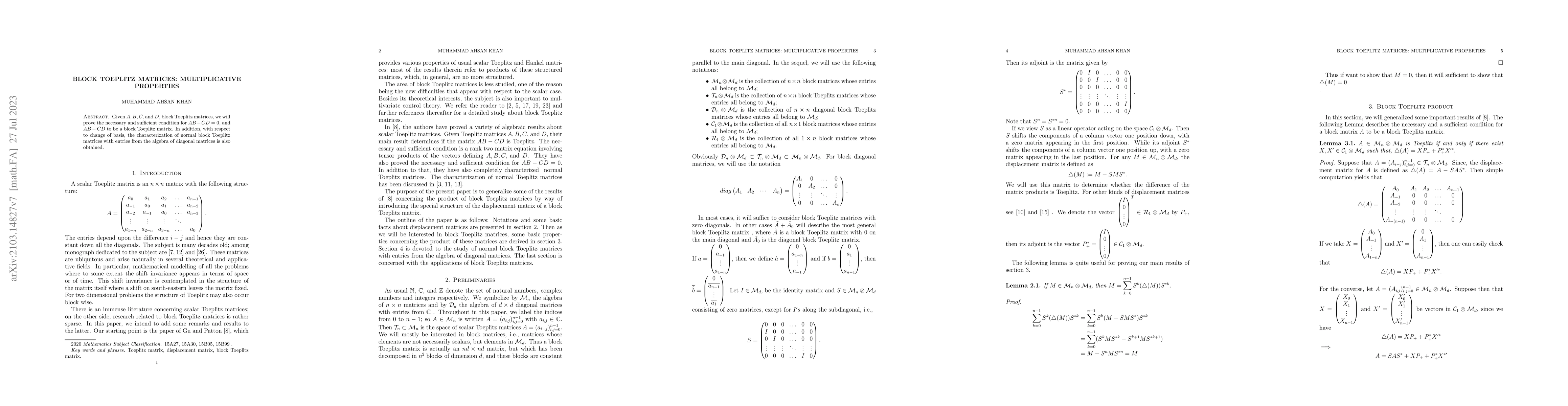 Thumbnail for Block Toeplitz Matrices: Multiplicative Properties