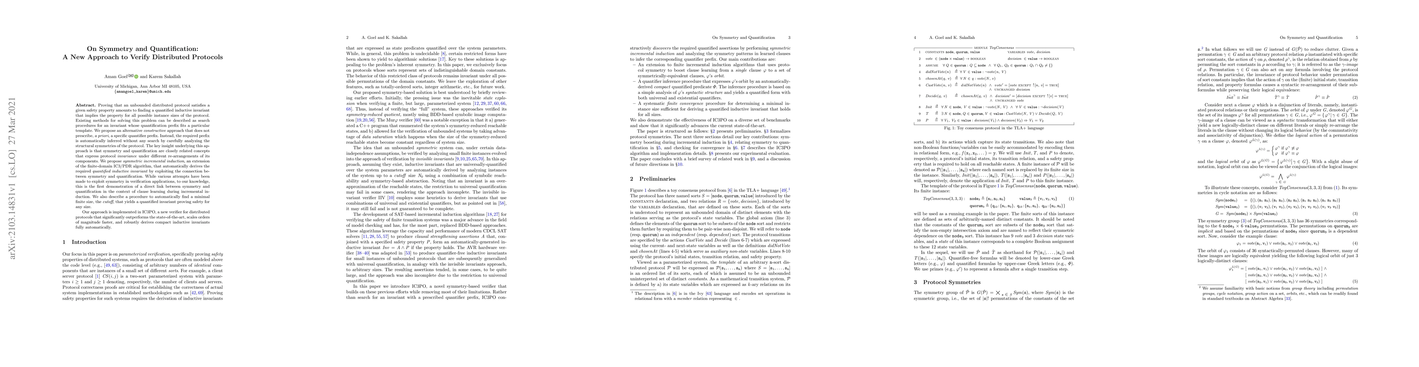 Thumbnail for On Symmetry and Quantification: A New Approach to Verify Distributed
  Protocols