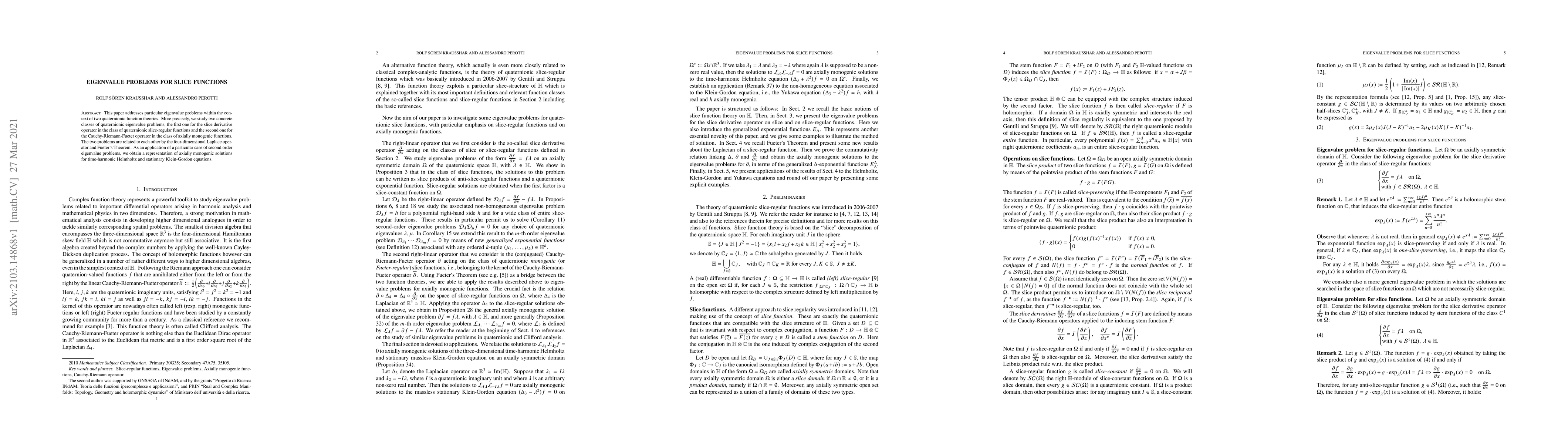 Thumbnail for Eigenvalue problems for slice functions