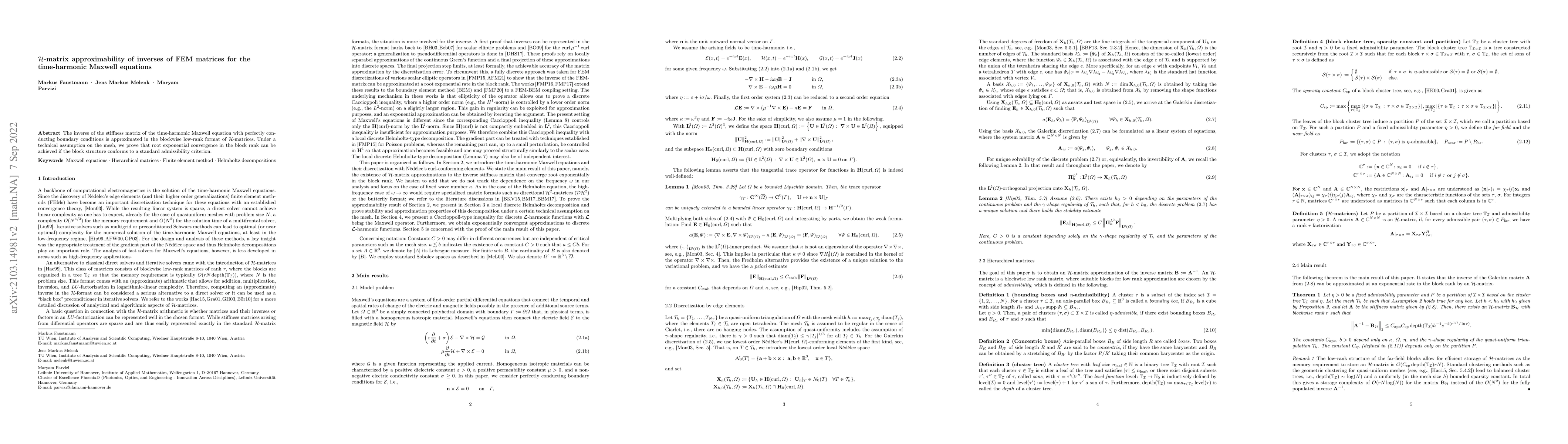 Thumbnail for $\mathcal{H}$-matrix approximability of inverses of FEM matrices for the
  time-harmonic Maxwell equations