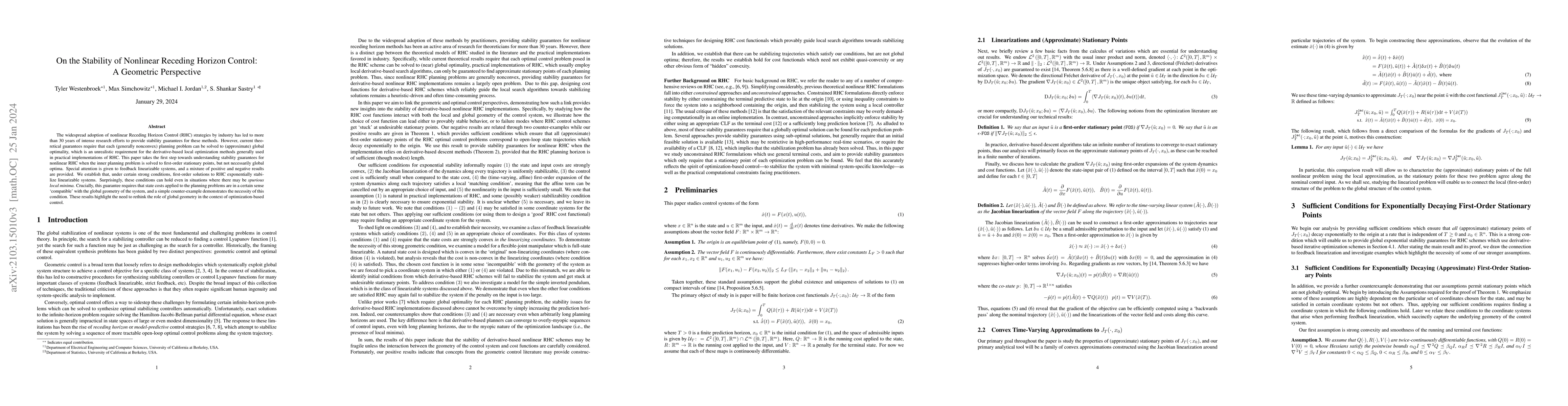 Thumbnail for On the Stability of Nonlinear Receding Horizon Control: A Geometric
  Perspective