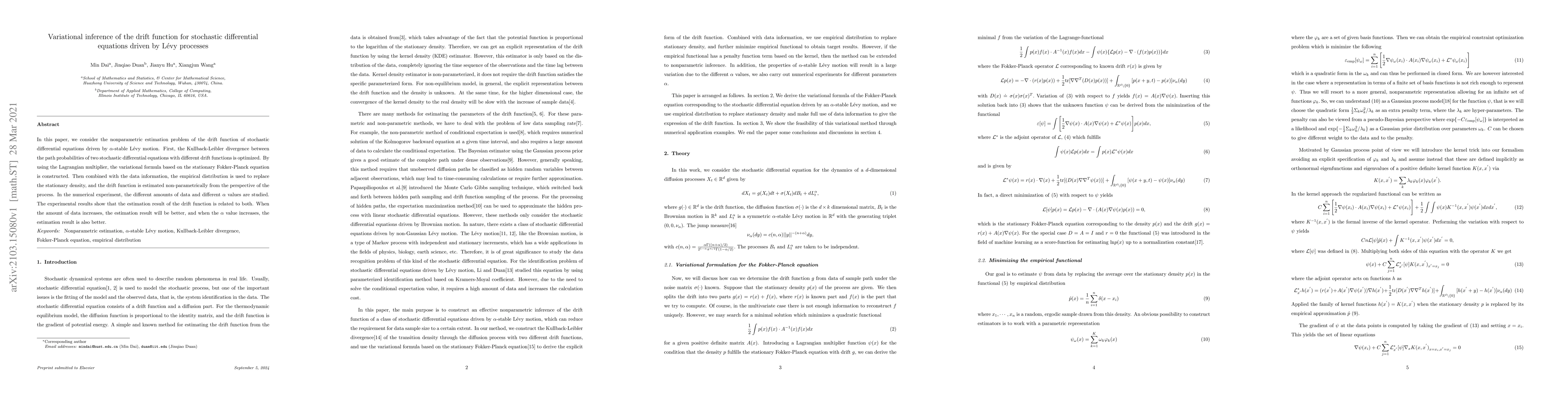 Thumbnail for Variational inference of the drift function for stochastic differential
  equations driven by L\'{e}vy processes