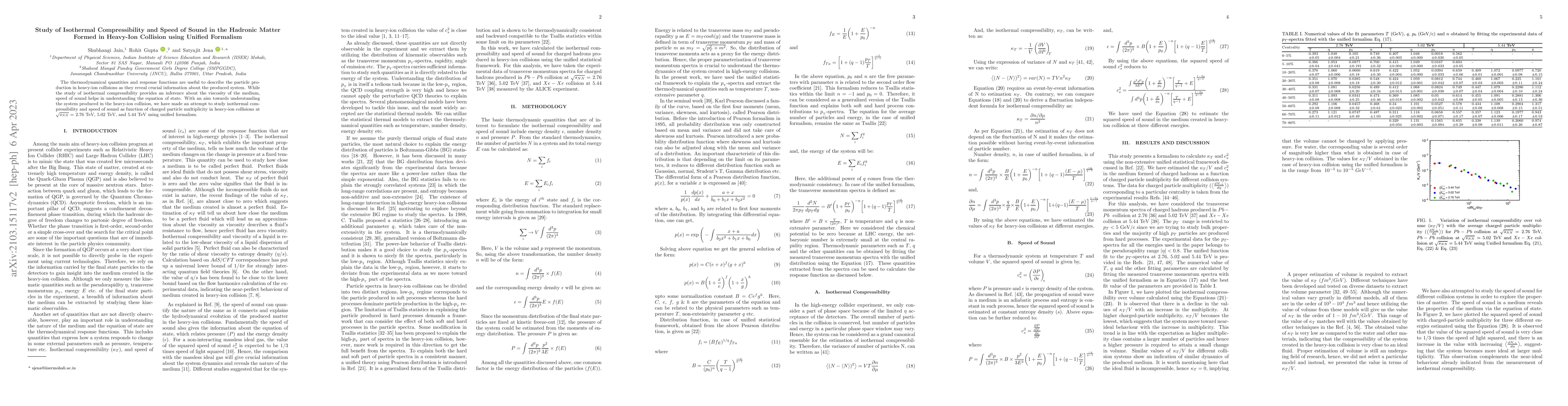 Thumbnail for Study of Isothermal Compressibility and Speed of Sound in the Hadronic
  Matter Formed in Heavy-Ion Collision using Unified Formalism