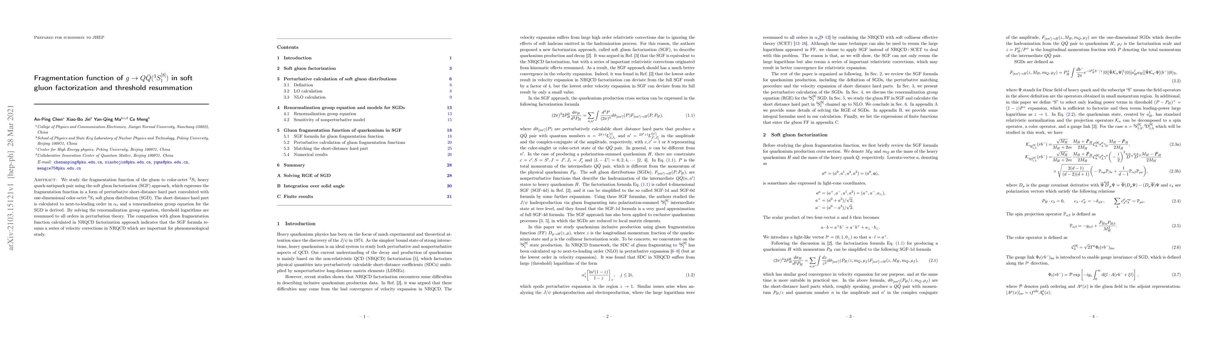 Thumbnail for Fragmentation function of $g\to Q\bar{Q}(^3S_1^{[8]})$ in soft gluon
  factorization and threshold resummation