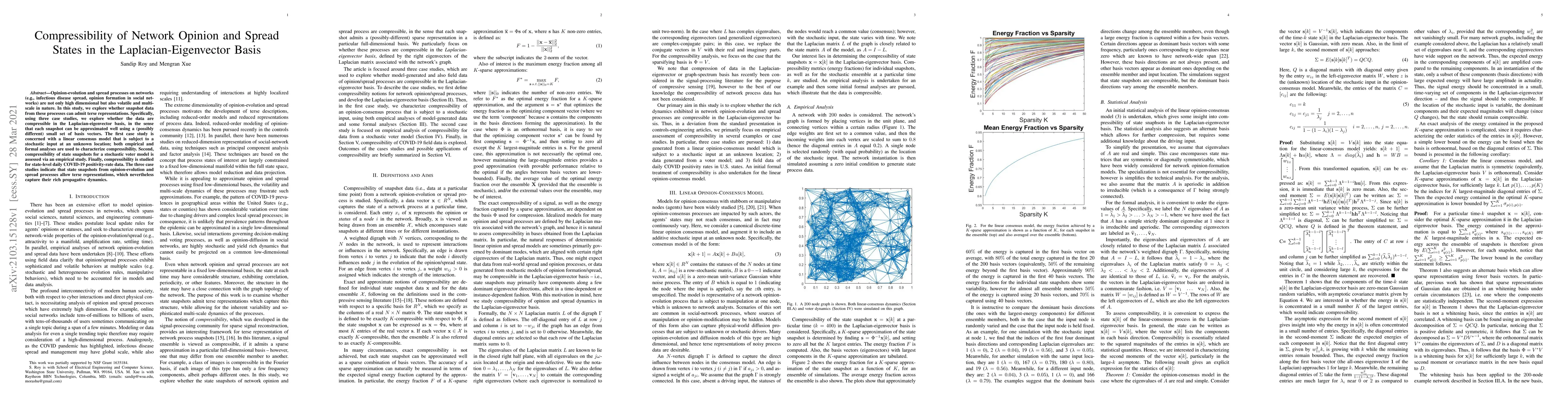 Thumbnail for Compressibility of Network Opinion and Spread States in the
  Laplacian-Eigenvector Basis