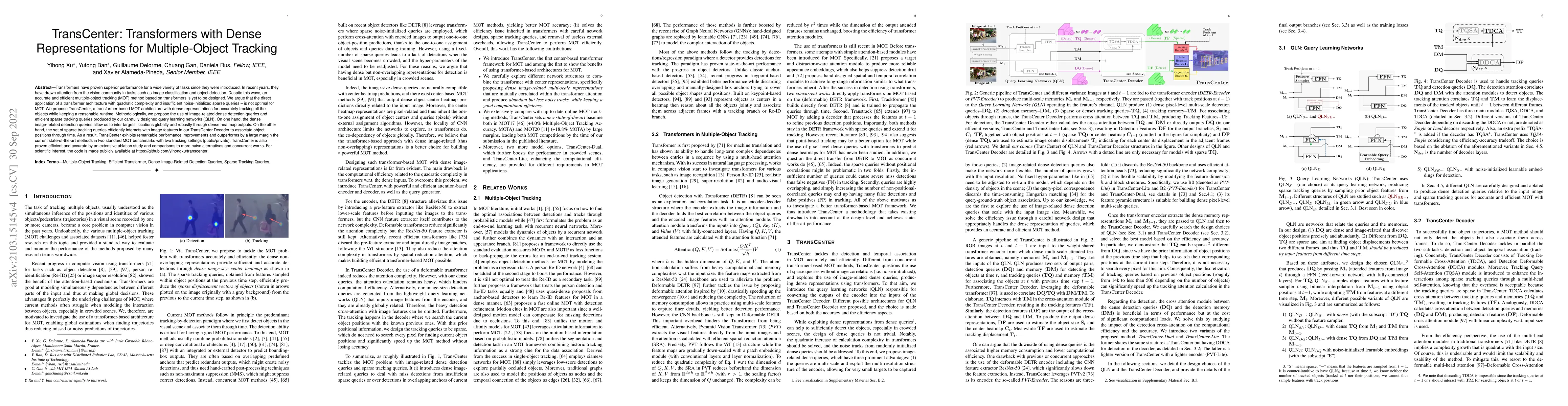 Thumbnail for TransCenter: Transformers with Dense Representations for Multiple-Object
  Tracking