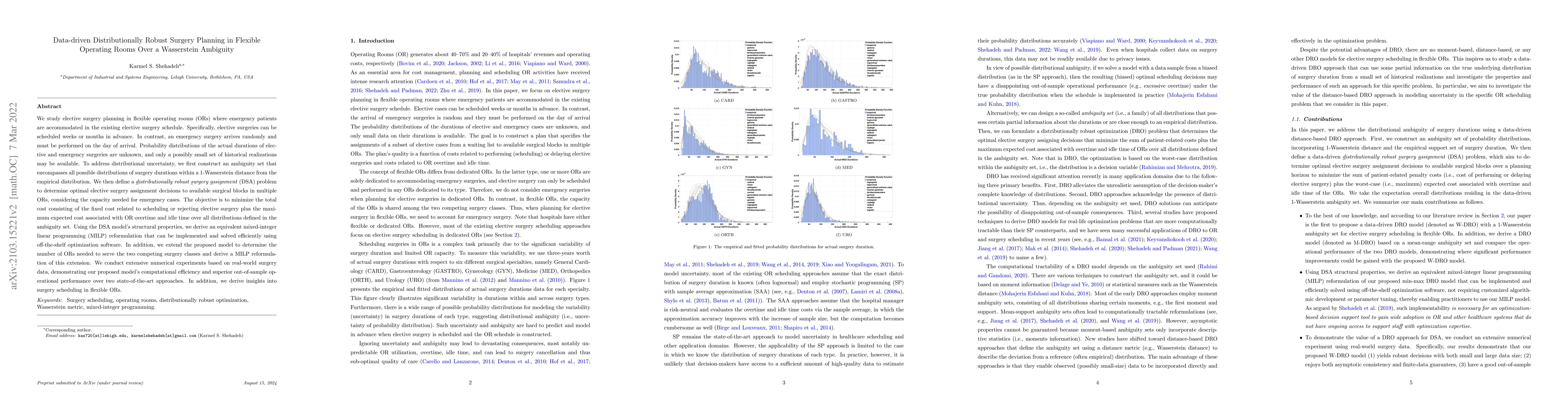 Thumbnail for Data-Driven Distributionally Robust Surgery Planning in Flexible
  Operating Rooms Over a Wasserstein Ambiguity