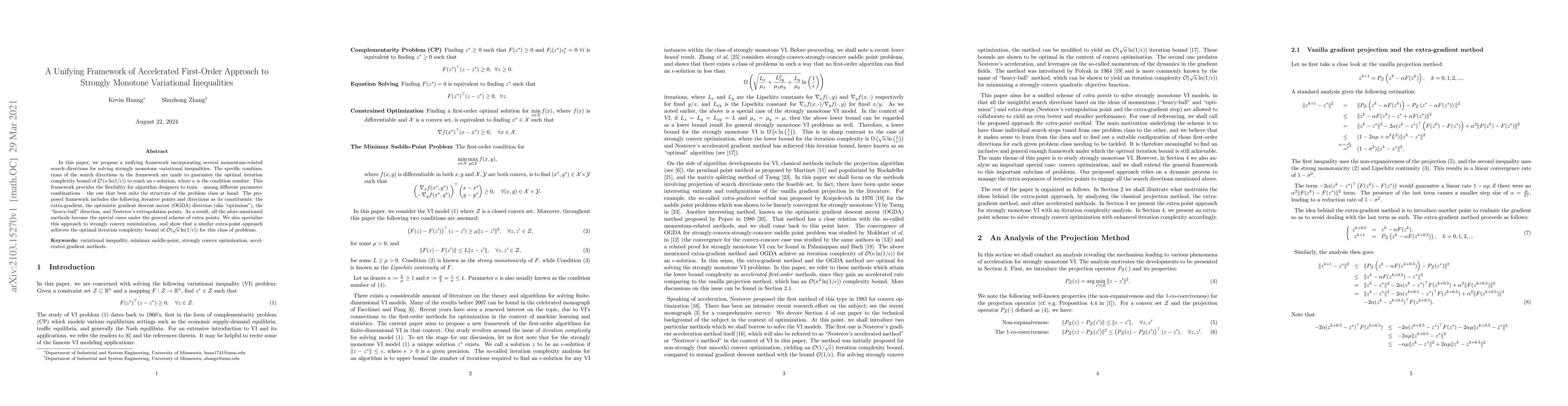 Thumbnail for A Unifying Framework of Accelerated First-Order Approach to Strongly
  Monotone Variational Inequalities