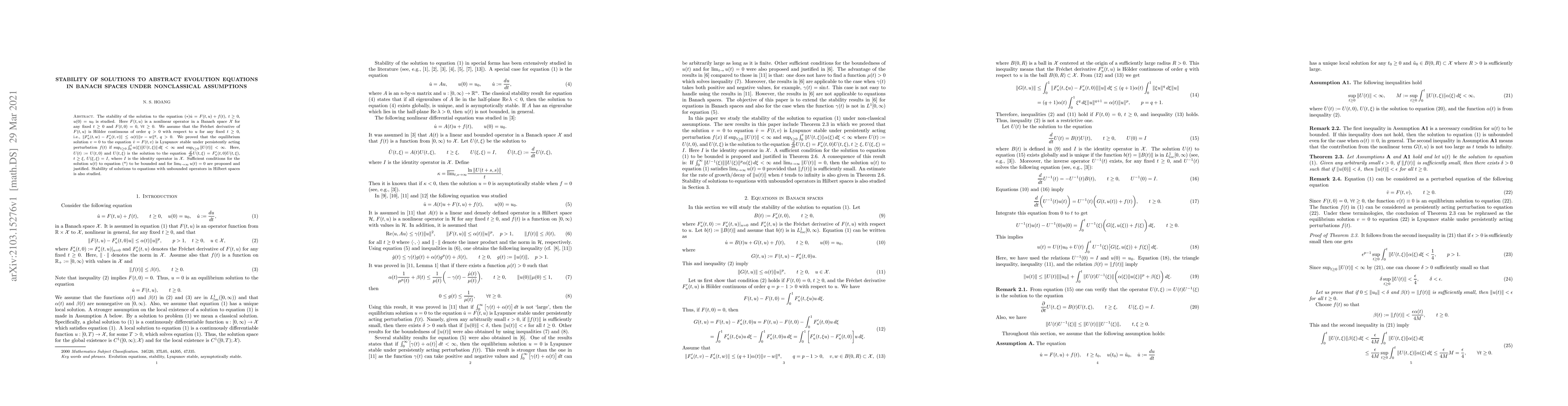 Thumbnail for Stability of solutions to abstract evolution equations in Banach spaces
  under nonclassical assumptions