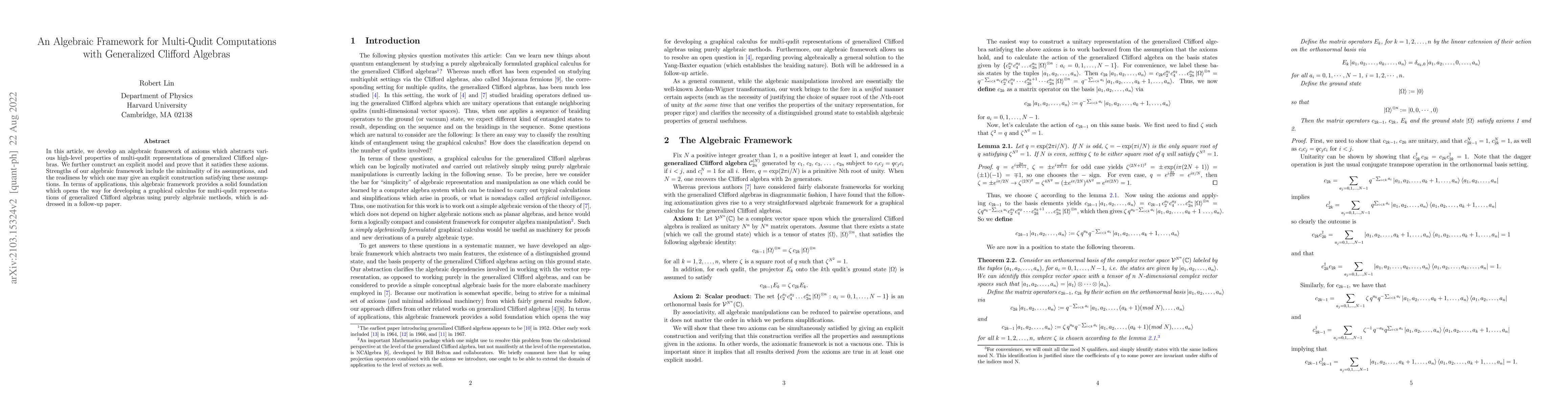 Thumbnail for An Algebraic Framework for Multi-Qudit Computations with Generalized
  Clifford Algebras