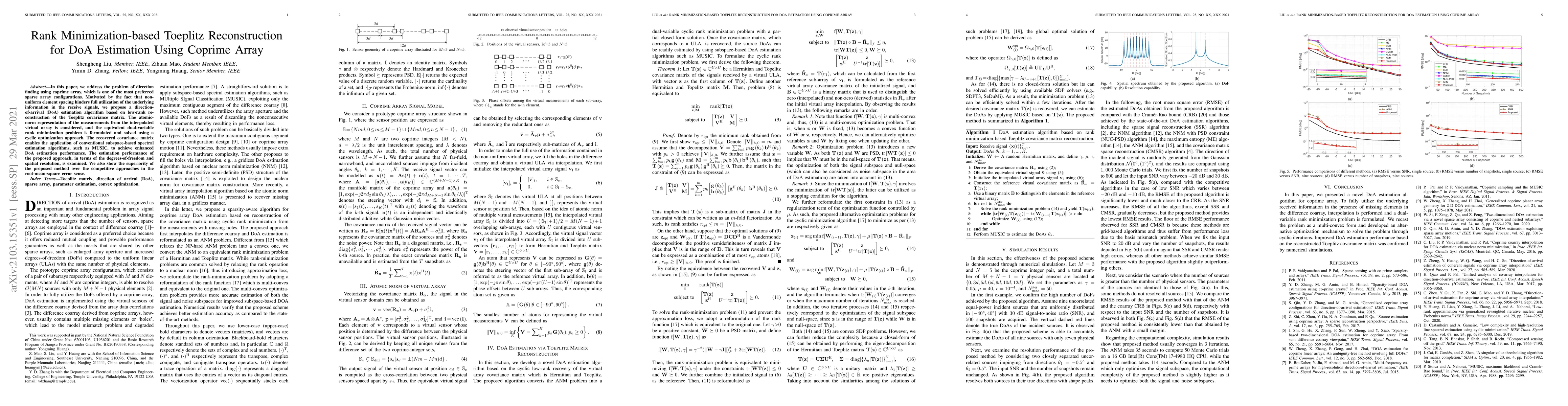Thumbnail for Rank Minimization-based Toeplitz Reconstruction for DoA Estimation Using
  Coprime Array