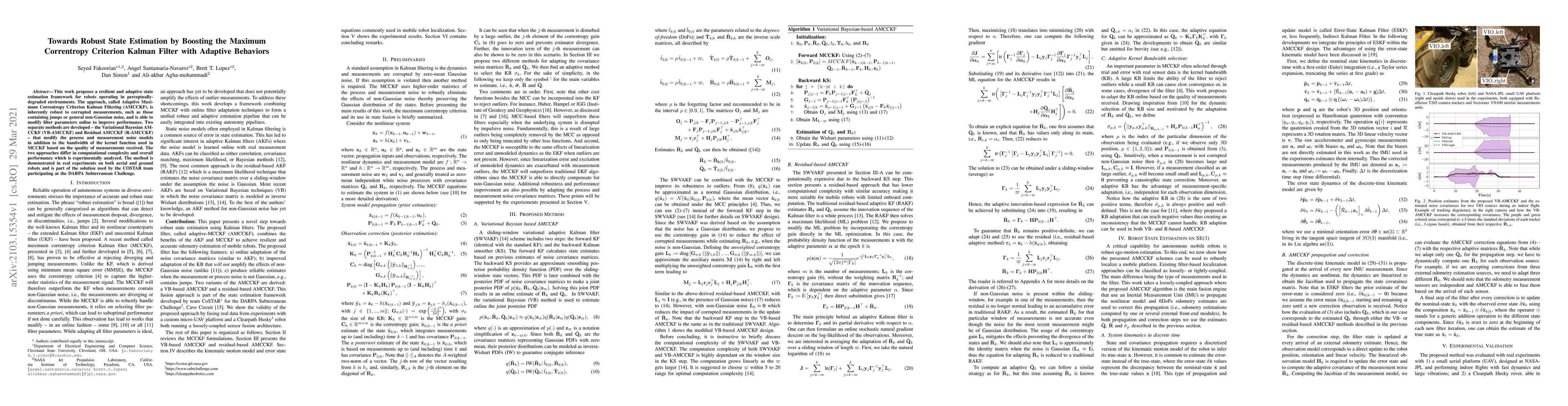 Thumbnail for Towards Robust State Estimation by Boosting the Maximum Correntropy
  Criterion Kalman Filter with Adaptive Behaviors