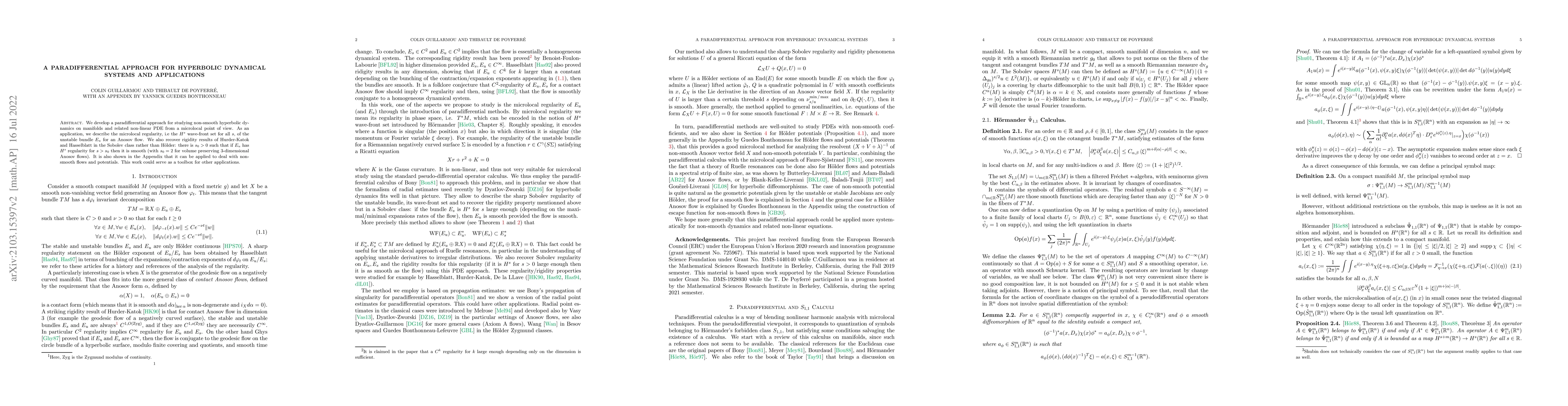 Thumbnail for A paradifferential approach for hyperbolic dynamical systems and
  applications