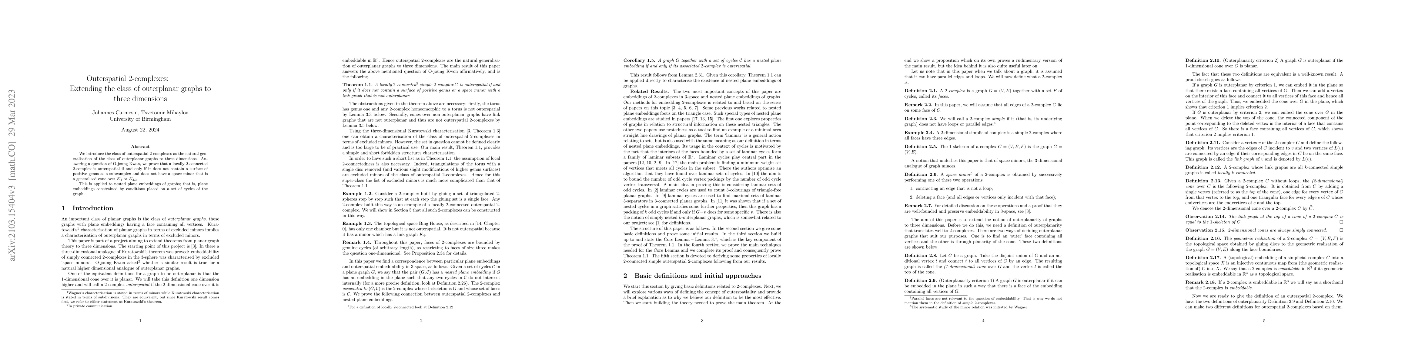 Thumbnail for Outerspatial 2-complexes: Extending the class of outerplanar graphs to
  three dimensions