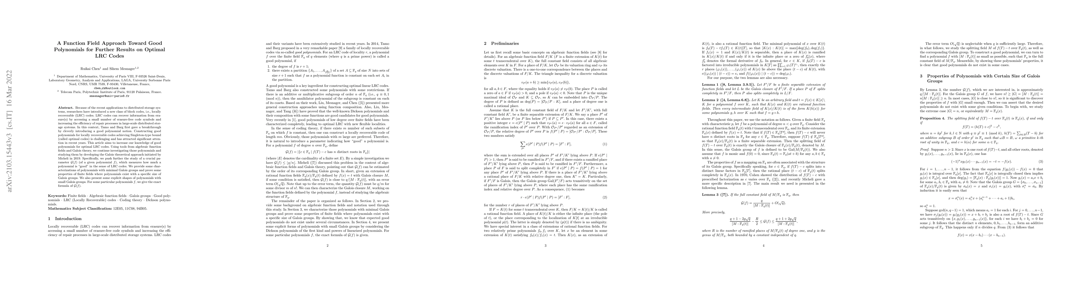 Thumbnail for A Function Field Approach Toward Good Polynomials for Further Results on
  Optimal LRC Codes