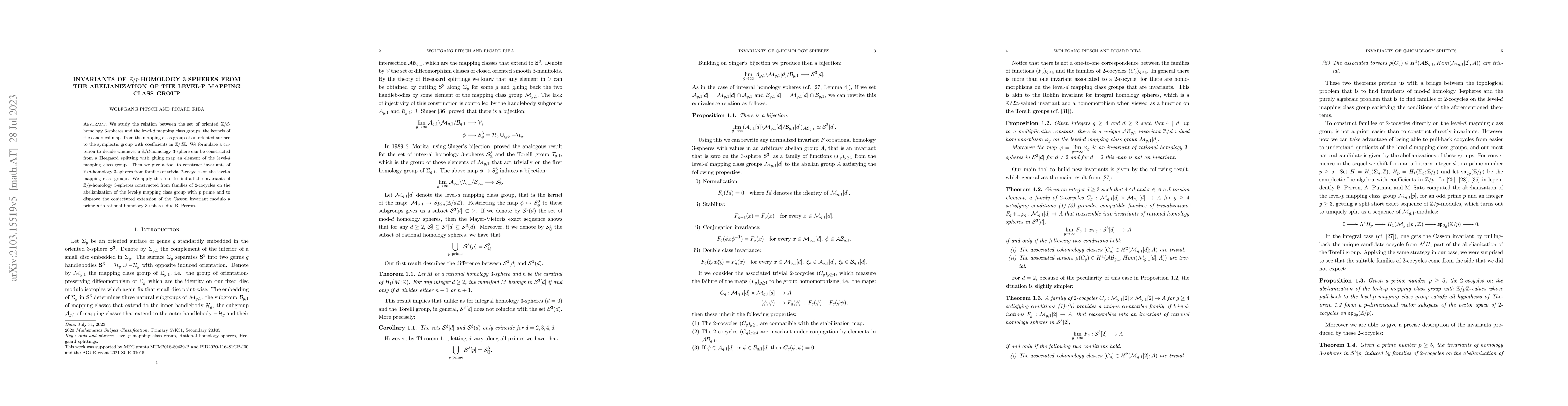 Thumbnail for Invariants of $\mathbb{Z}/p$-Homology 3-Spheres from the Abelianization
  of the Level-p Mapping Class Group