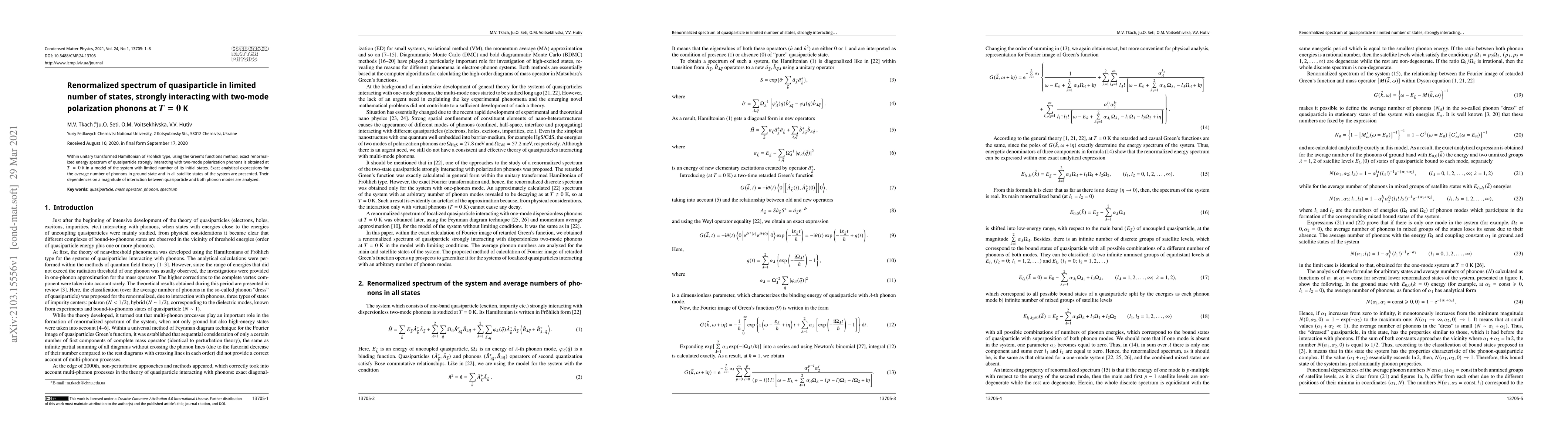 Thumbnail for Renormalized spectrum of quasiparticle in limited number of states,
  strongly interacting with two-mode polarization phonons at $T=0$ K