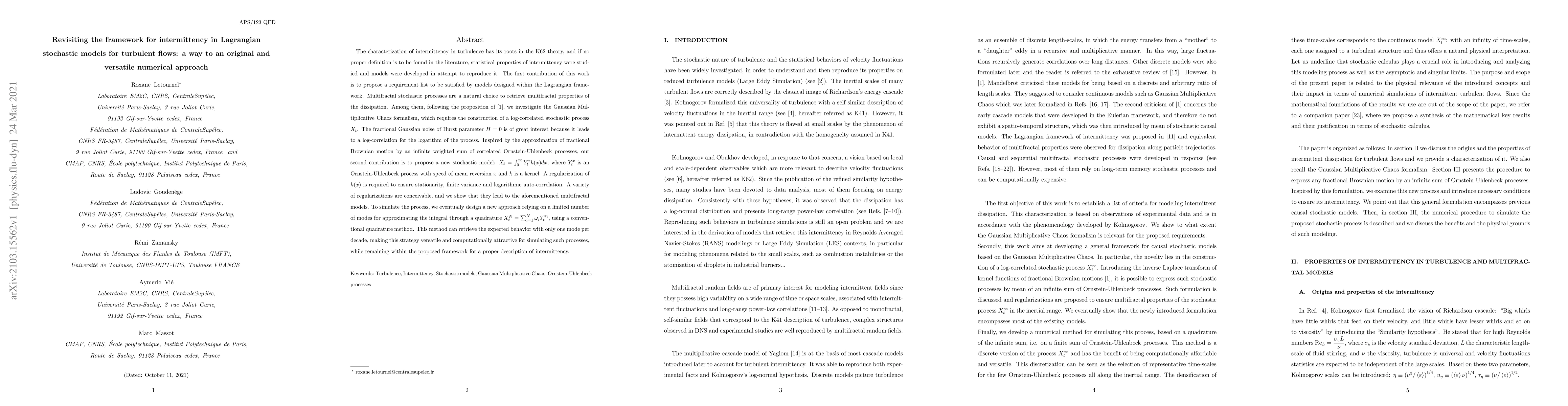 Thumbnail for Revisiting the framework for intermittency in Lagrangian stochastic
  models for turbulent flows: a way to an original and versatile numerical
  approach