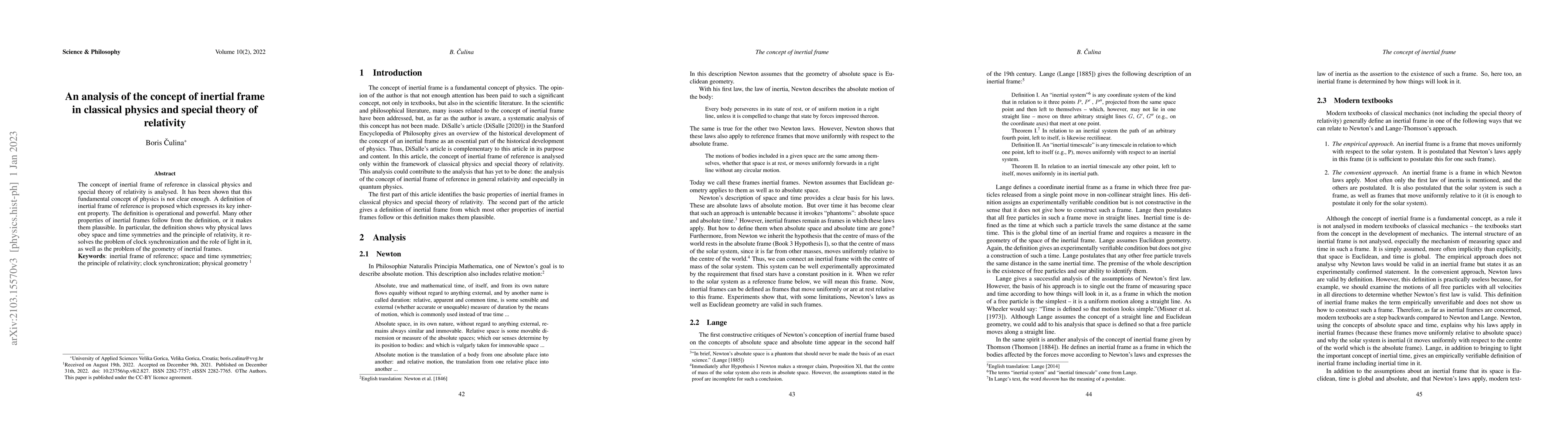 Thumbnail for An analysis of the concept of inertial frame in classical physics and
  special theory of relativity