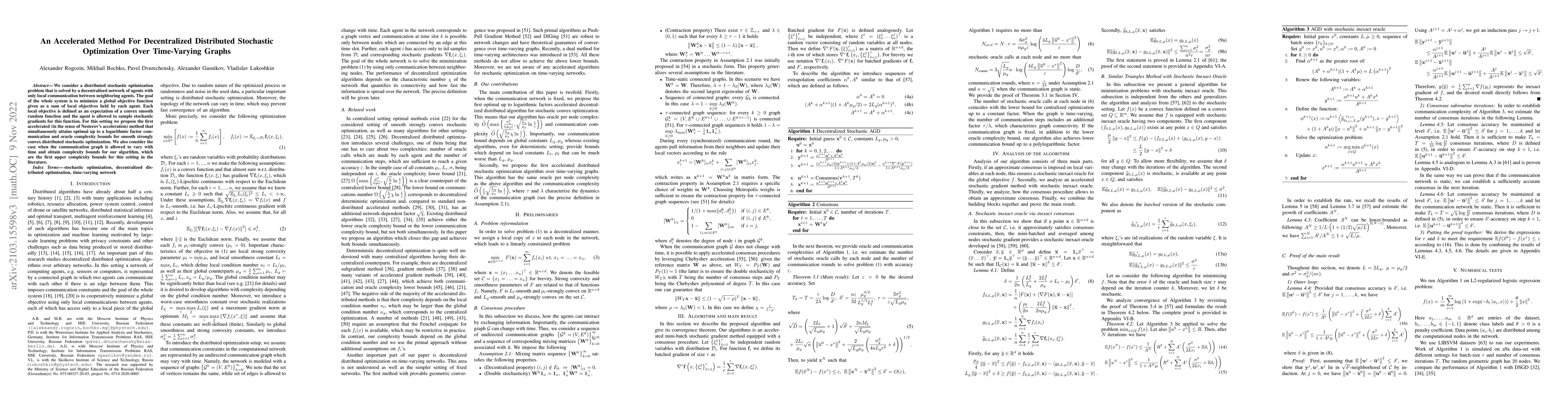 Thumbnail for An Accelerated Method For Decentralized Distributed Stochastic
  Optimization Over Time-Varying Graphs