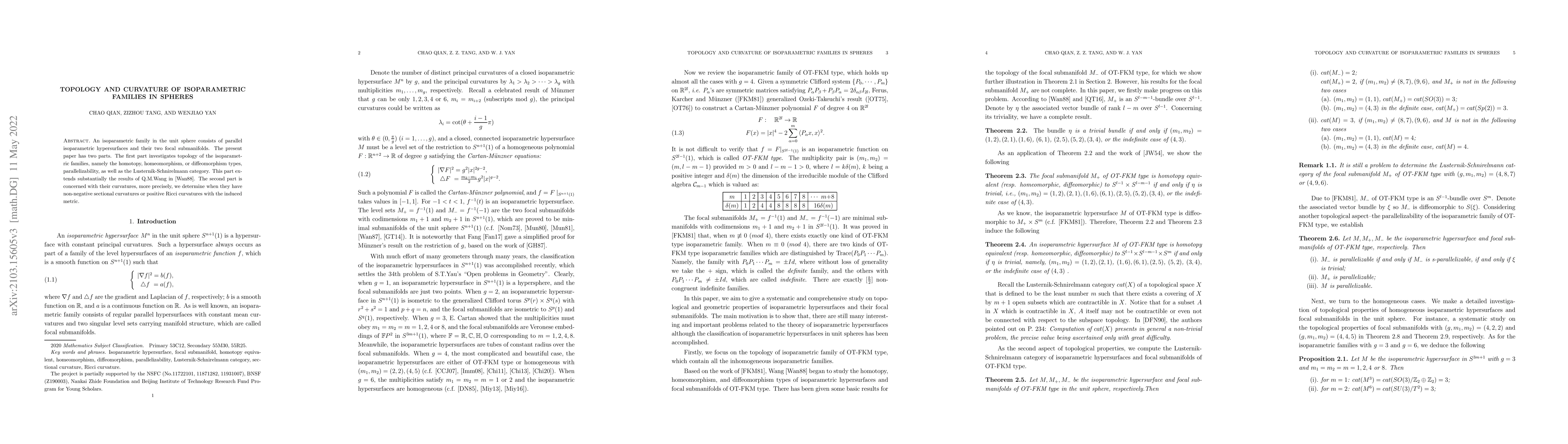 Thumbnail for Topology and curvature of isoparametric families in spheres