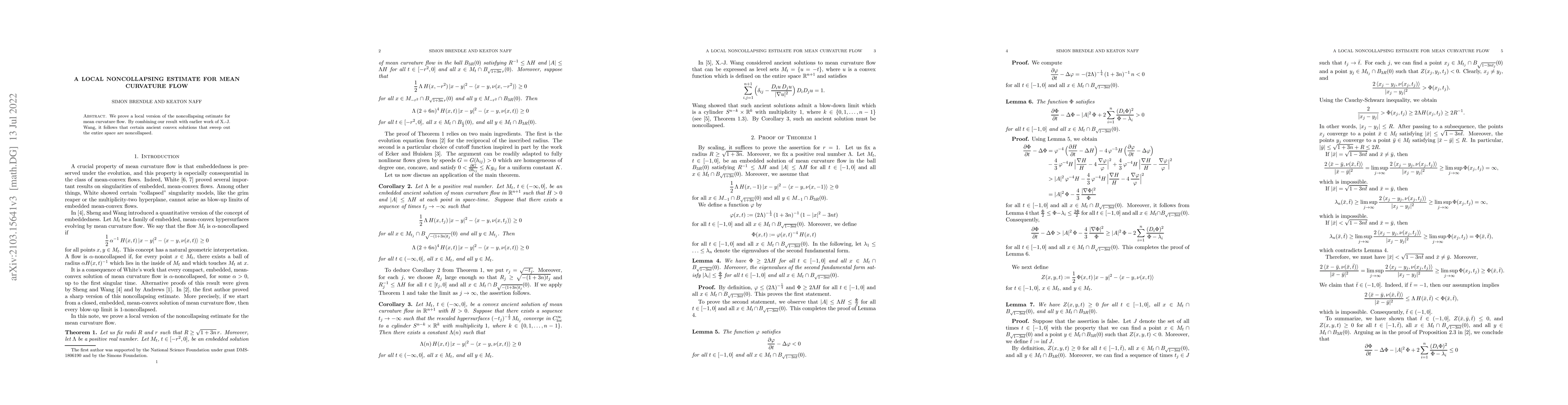 Thumbnail for A local noncollapsing estimate for mean curvature flow