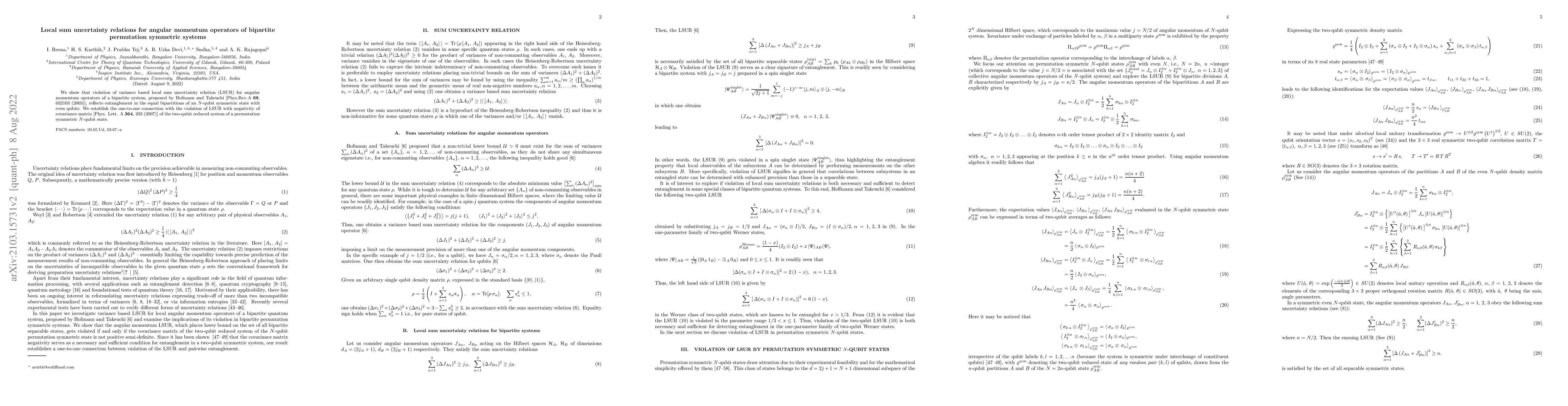 Thumbnail for Local sum uncertainty relations for angular momentum operators of
  bipartite permutation symmetric systems