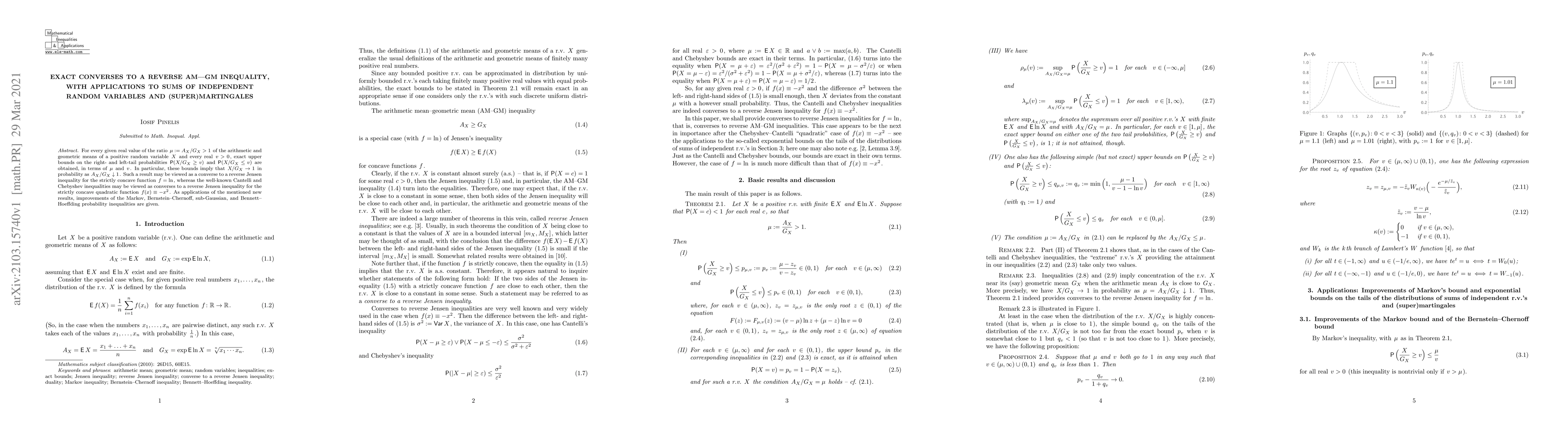 Thumbnail for Exact converses to a reverse AM--GM inequality, with applications to
  sums of independent random variables and (super)martingales