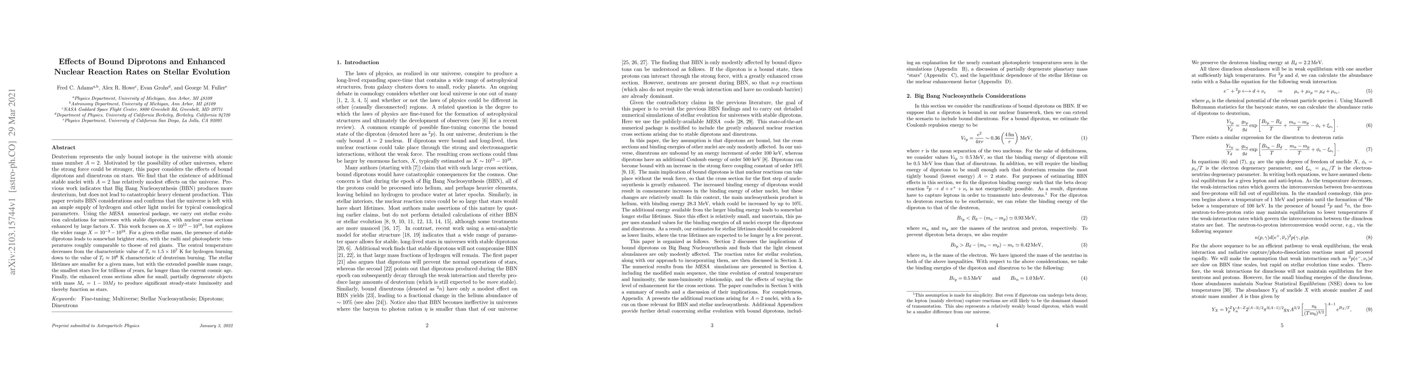 Thumbnail for Effects of Bound Diprotons and Enhanced Nuclear Reaction Rates on
  Stellar Evolution