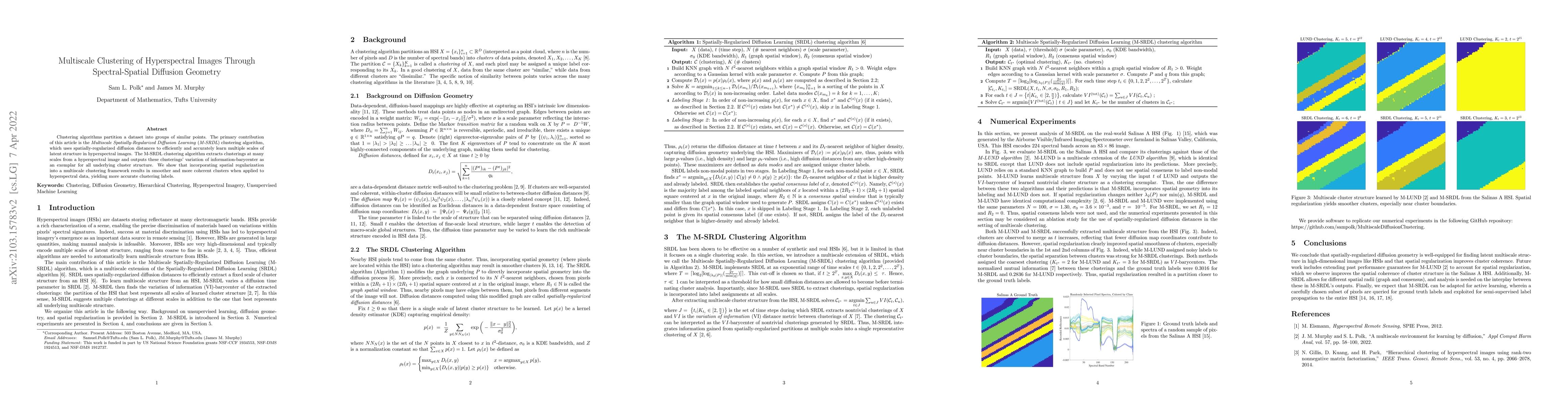 Thumbnail for Multiscale Clustering of Hyperspectral Images Through Spectral-Spatial
  Diffusion Geometry