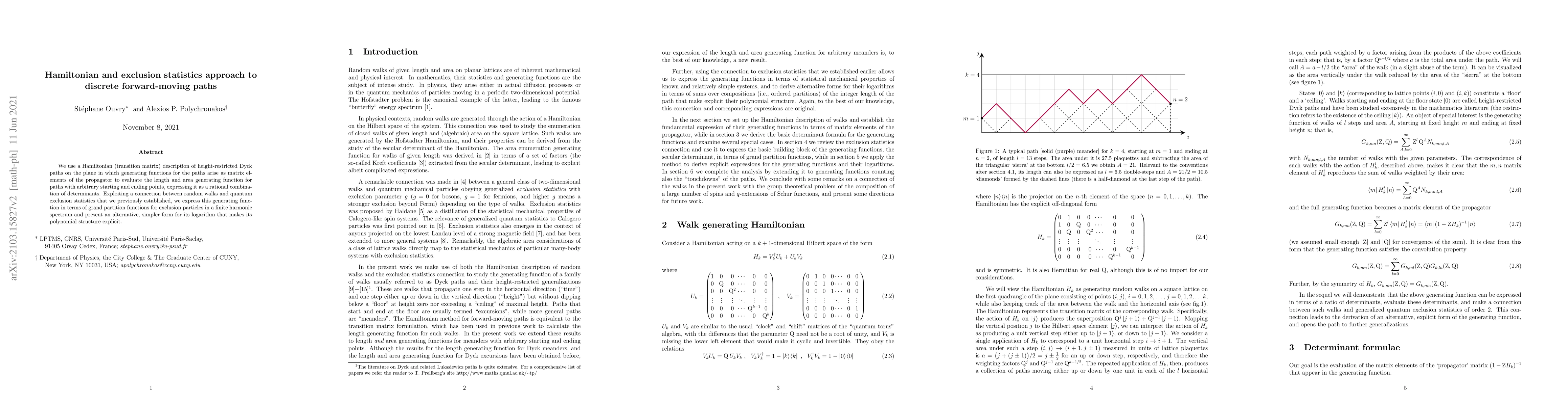 Thumbnail for Hamiltonian and exclusion statistics approach to discrete forward-moving
  paths