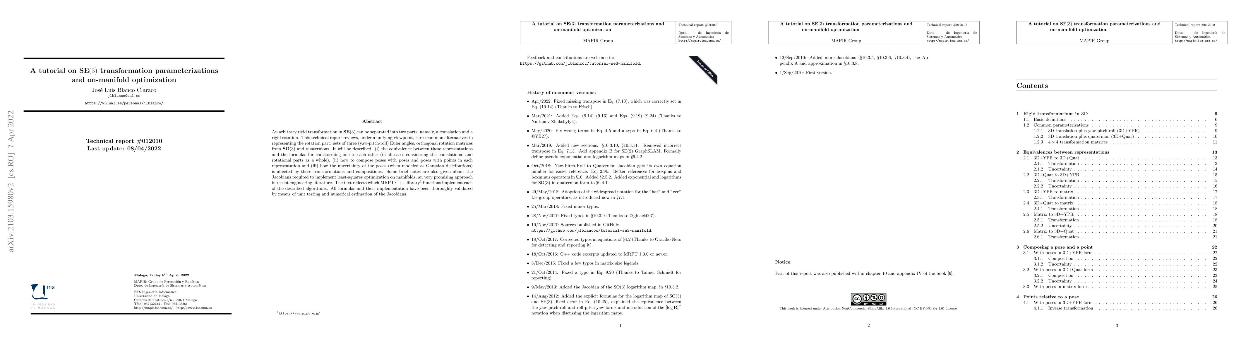 Thumbnail for A tutorial on $\mathbf{SE}(3)$ transformation parameterizations and
  on-manifold optimization