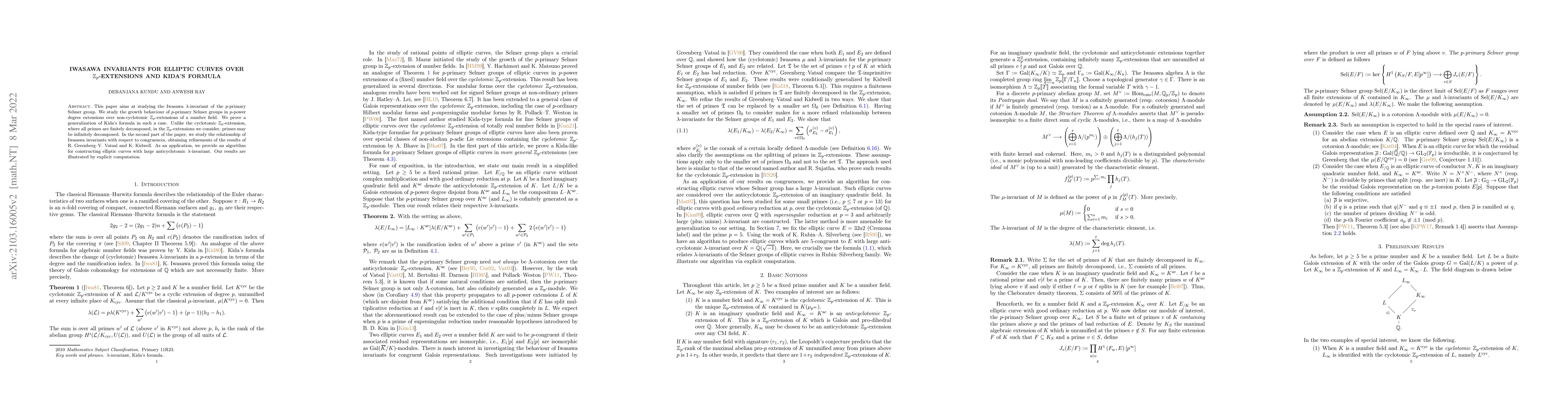 Thumbnail for Iwasawa Invariants for elliptic curves over $\mathbb{Z}_{p}$-extensions
  and Kida's Formula