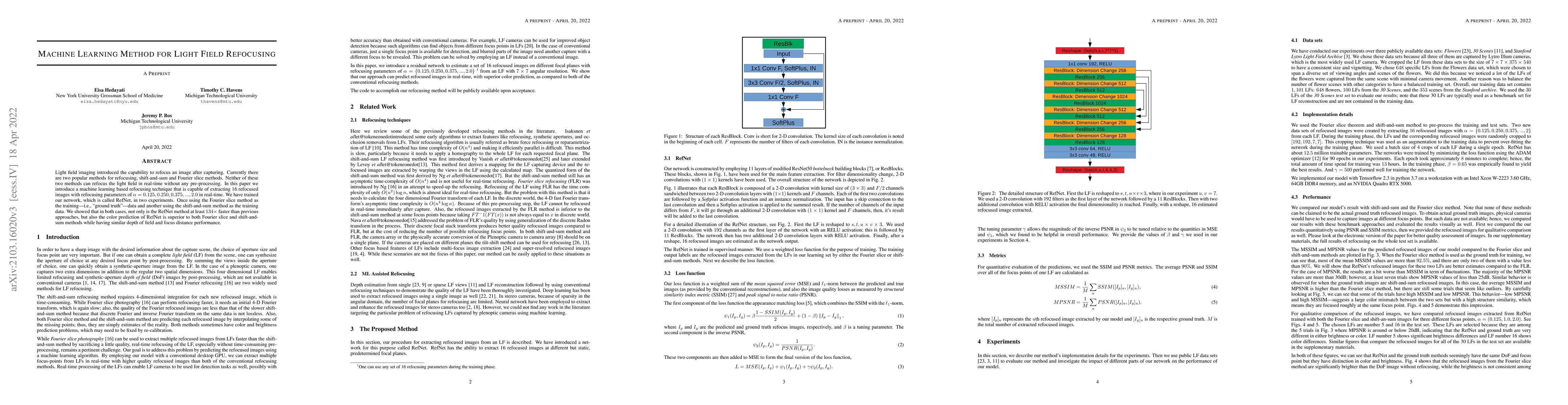Thumbnail for Machine learning method for light field refocusing