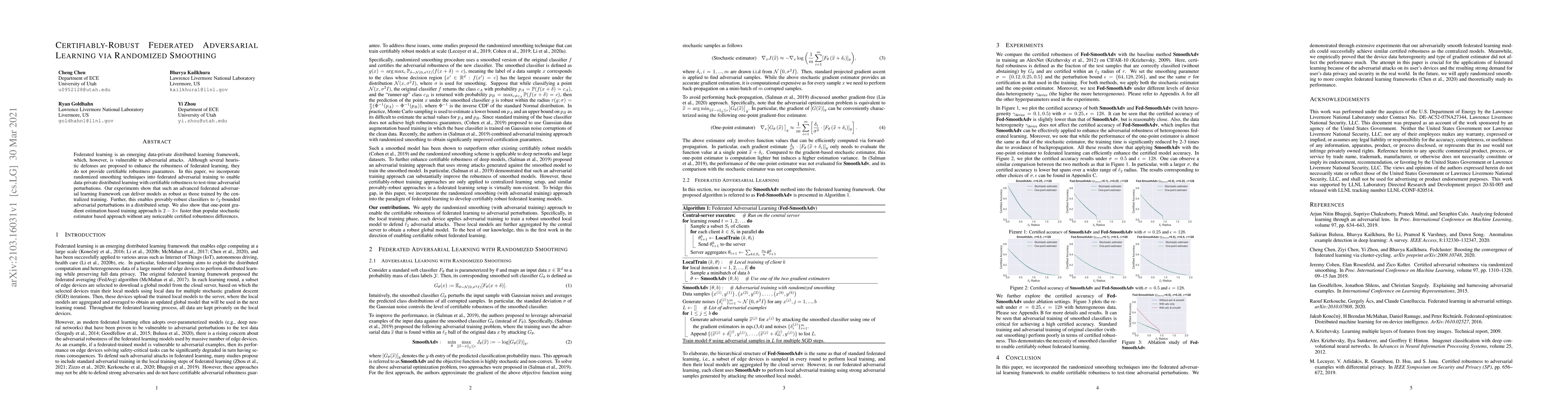 Thumbnail for Certifiably-Robust Federated Adversarial Learning via Randomized
  Smoothing