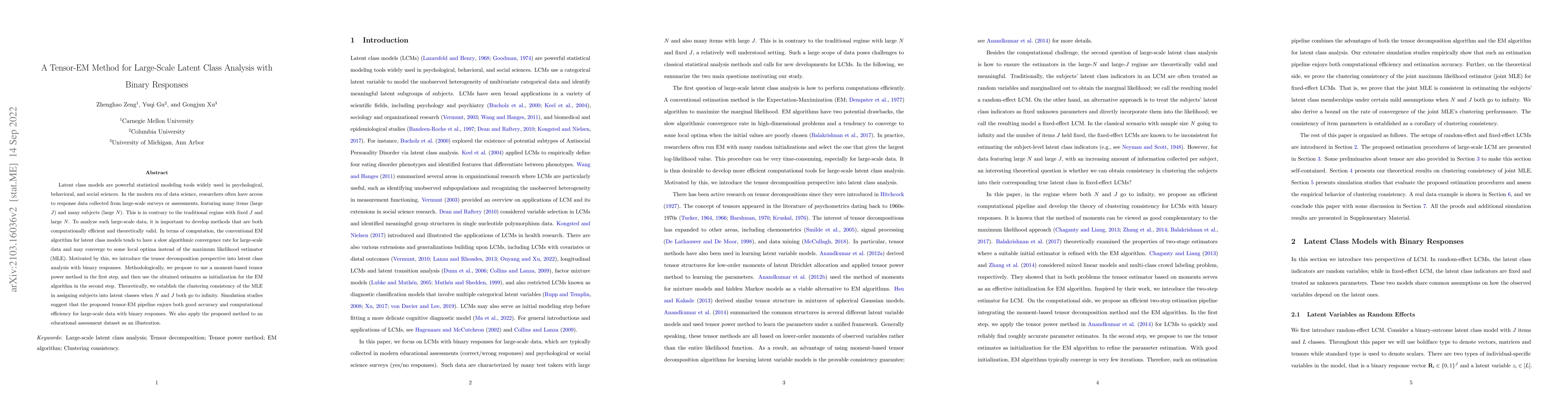 Thumbnail for A Tensor-EM Method for Large-Scale Latent Class Analysis with Binary
  Responses