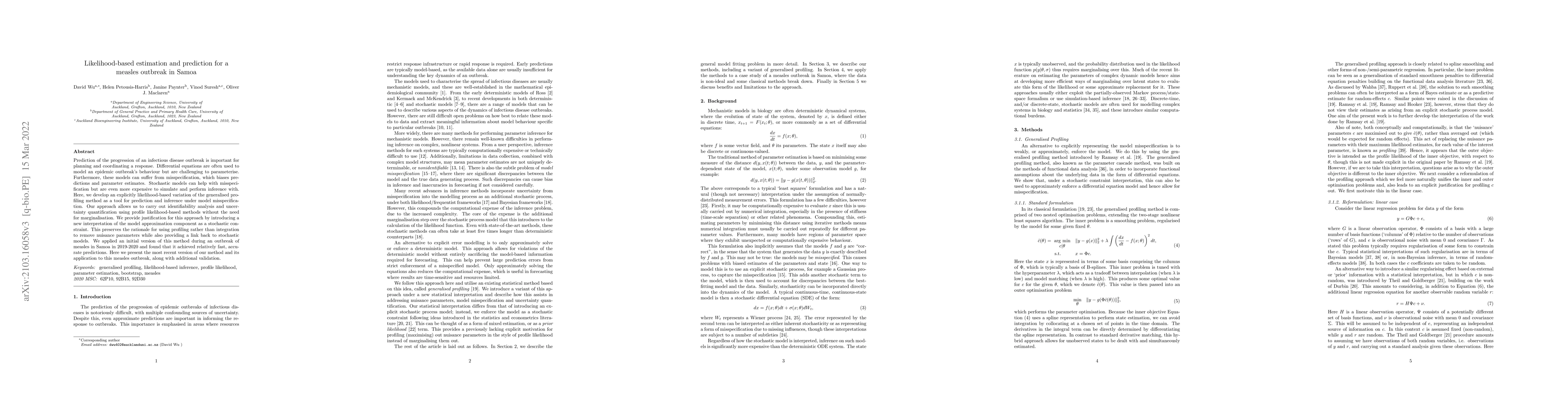 Thumbnail for Likelihood-based estimation and prediction for a measles outbreak in
  Samoa