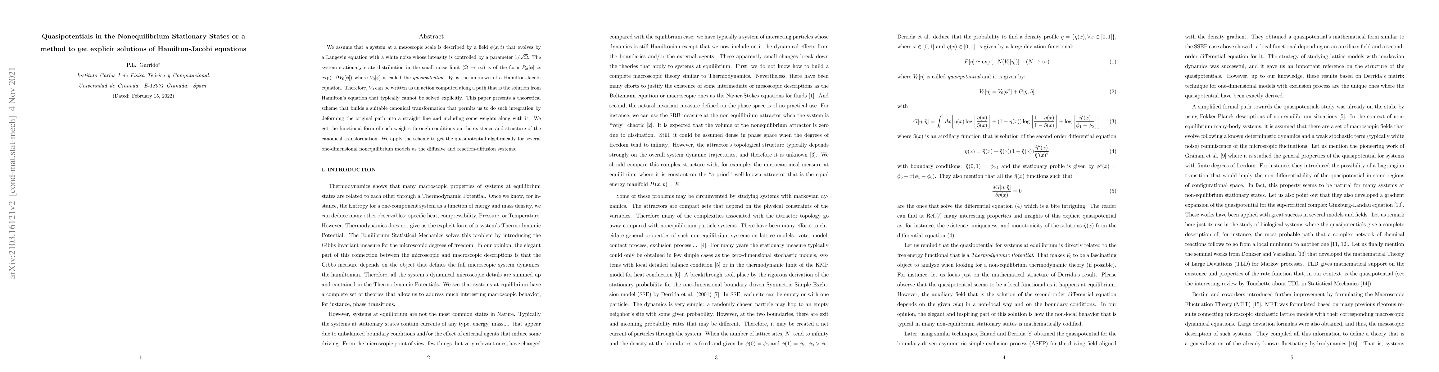 Thumbnail for Quasi-potentials in the Nonequilibrium Stationary States or a method to
  get explicit solutions of Hamilton-Jacobi equations
