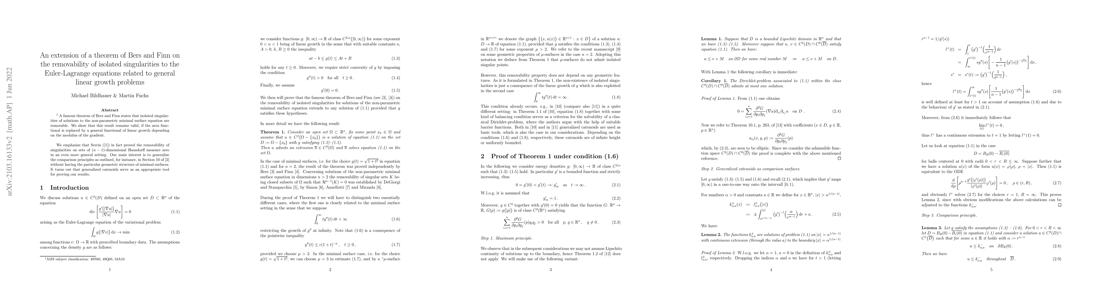 Thumbnail for An extension of a theorem of Bers and Finn on the removability of
  isolated singularities to the Euler-Lagrange equations related to general
  linear growth problems