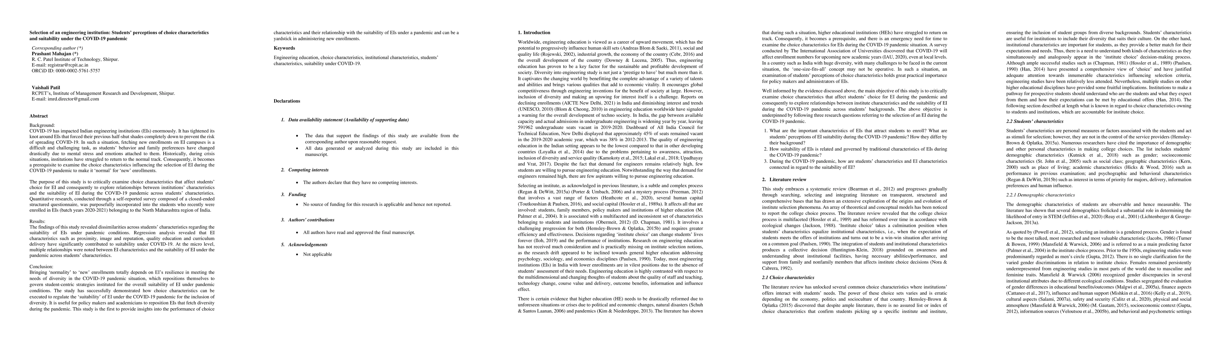 Thumbnail for Selection of an engineering institution: Students perceptions of choice
  characteristics and suitability under the COVID-19 pandemic