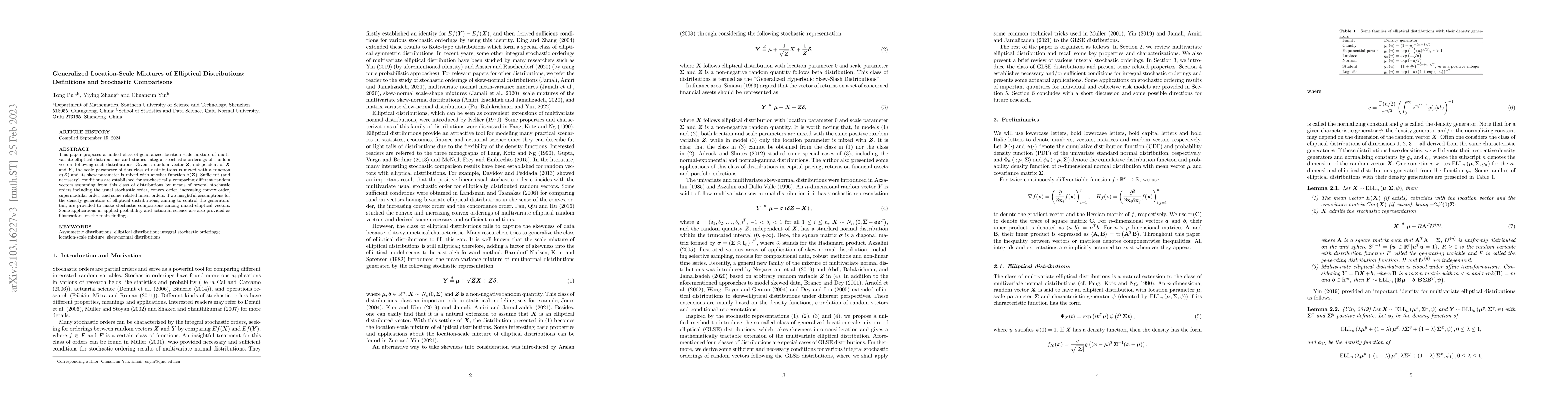 Thumbnail for Generalized Location-Scale Mixtures of Elliptical Distributions:
  Definitions and Stochastic Comparisons
