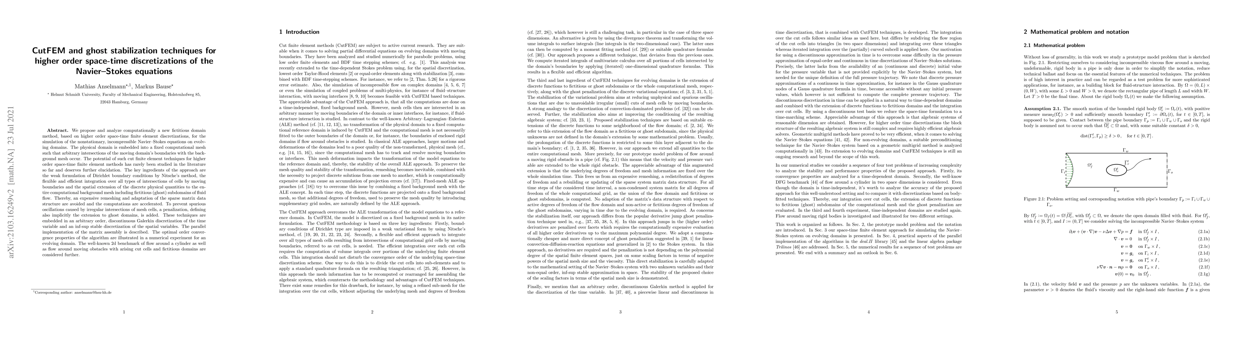 Thumbnail for CutFEM and ghost stabilization techniques for higher order space-time
  discretizations of the Navier-Stokes equations