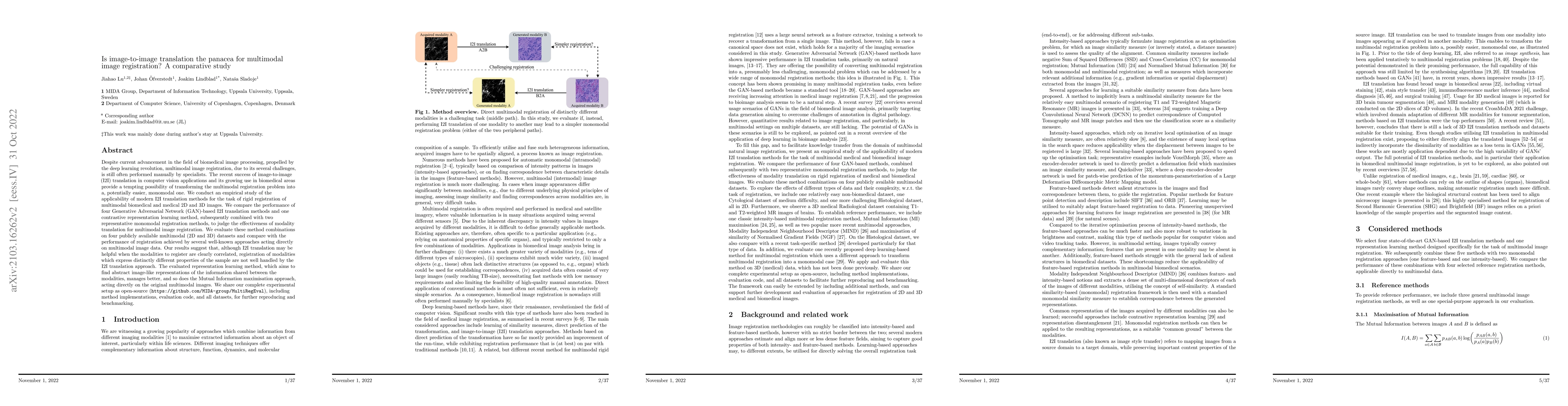 Thumbnail for Is Image-to-Image Translation the Panacea for Multimodal Image
  Registration? A Comparative Study